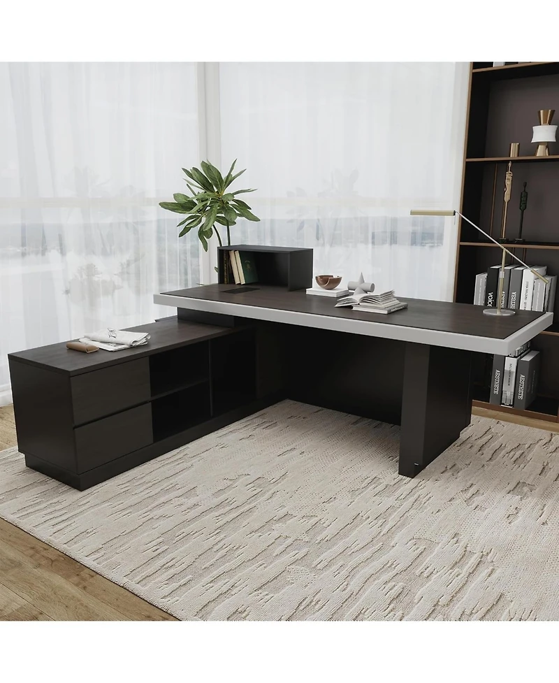 Logicfox Executive Office Desk with Cable Management Storage Cabinet Outlet Led