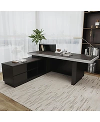 Logicfox Executive Office Desk with Cable Management Storage Cabinet Outlet Led
