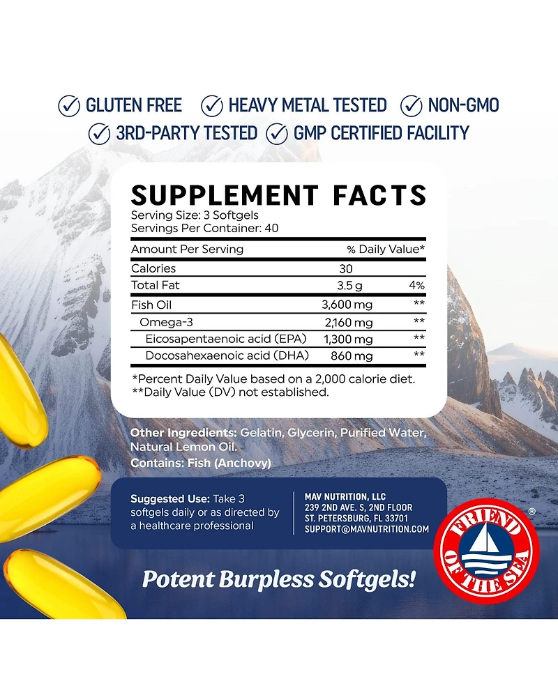 Mav Nutrition Fish Oil Softgels, 3600 mg Epa & Dha, Best Essential Fatty Acids, Premium Burpless Softgel Supplements, Mav Nutrition, 120ct