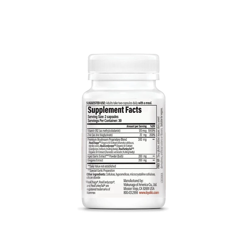 Kyolic Immune Mushrooms Supplement | Chaga, Cordyceps, Turkey Tail and Aged Garlic Extract for Wellness and Energy Support | 60 Capsules