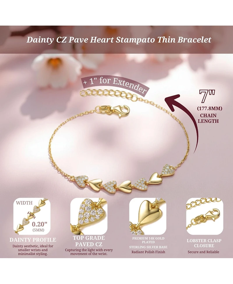 Sterling Silver 14k Yellow Gold Plated with Cubic Zirconia Thin Pave Heart Stampato Link Bracelet