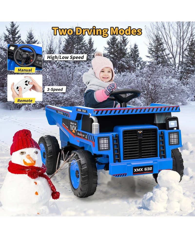 homfan 12V Ride-On Dump Truck, 4-Wheeler Electric Construction Vehicle with Remote Control, Bed, Shovel, Led Lights, Music