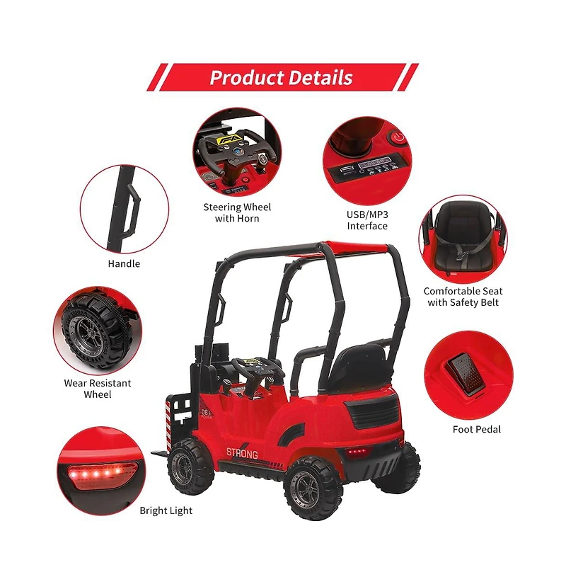 homfan 12V Electric Kids Forklift Ride-On Car with Remote Control, Liftable Fork and Pallet, 2 Speeds, Music, Usb Port, Safety Belt