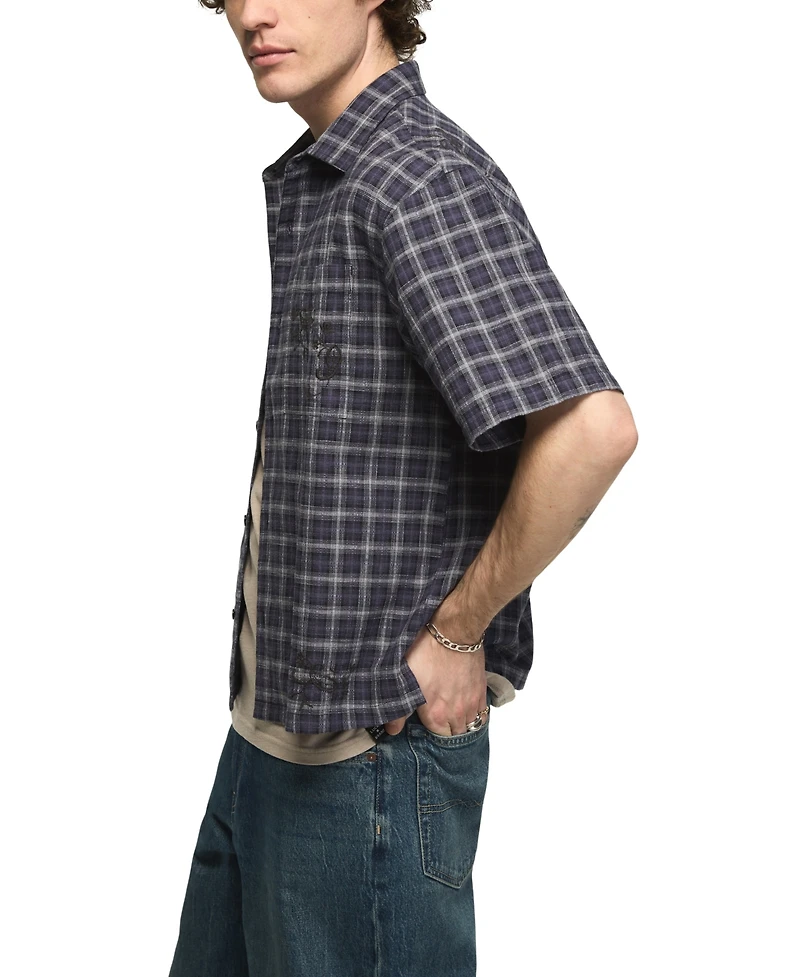 Lucky Brand Men's Embroidered Plaid Spread Collar Shirt