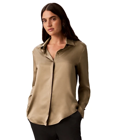 Calvin Klein Women's Pleated Long-Sleeve Collared Shirt