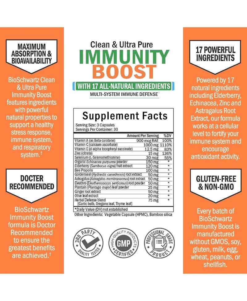 BioSchwartz Immunity Boost with Vitamin C and Zinc | 7-in-1 formula loaded with powerful Third Party tested ingredients | without gmos, soy, gluten, m