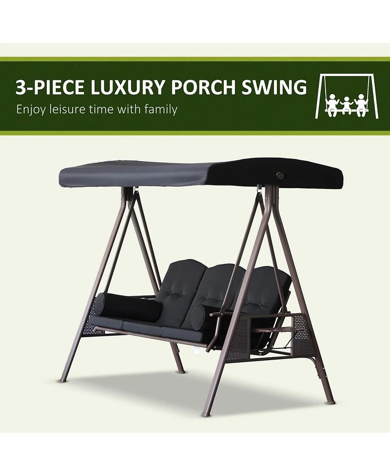 Outsunny Outdoor Patio 3-Person Steel Canopy Cushioned Seat Bench Swing with Included Side Trays & Padded Comfort