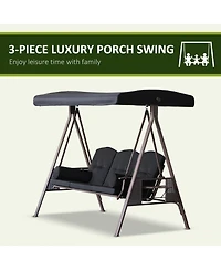 Outsunny Outdoor Patio 3-Person Steel Canopy Cushioned Seat Bench Swing with Included Side Trays & Padded Comfort