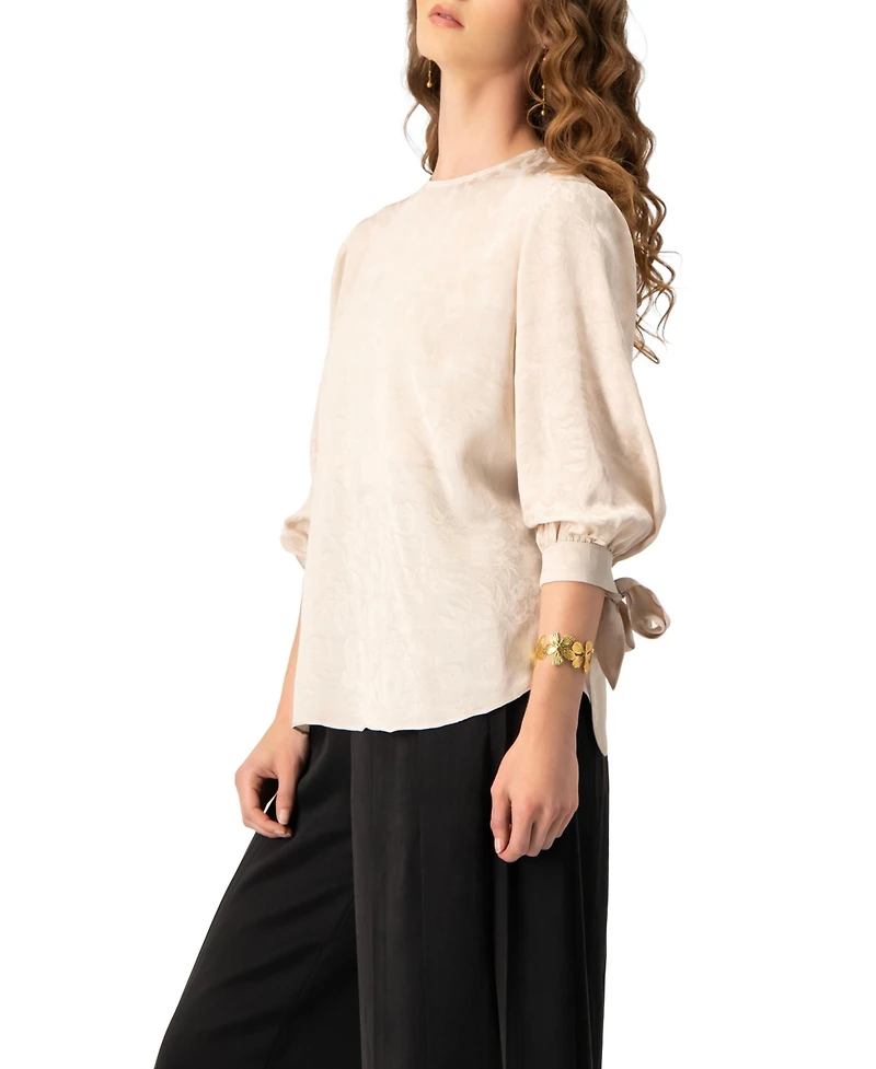 Ivonne Women's Floral Jacquard Tie-Cuff Blouse with Three-Quarter Sleeve