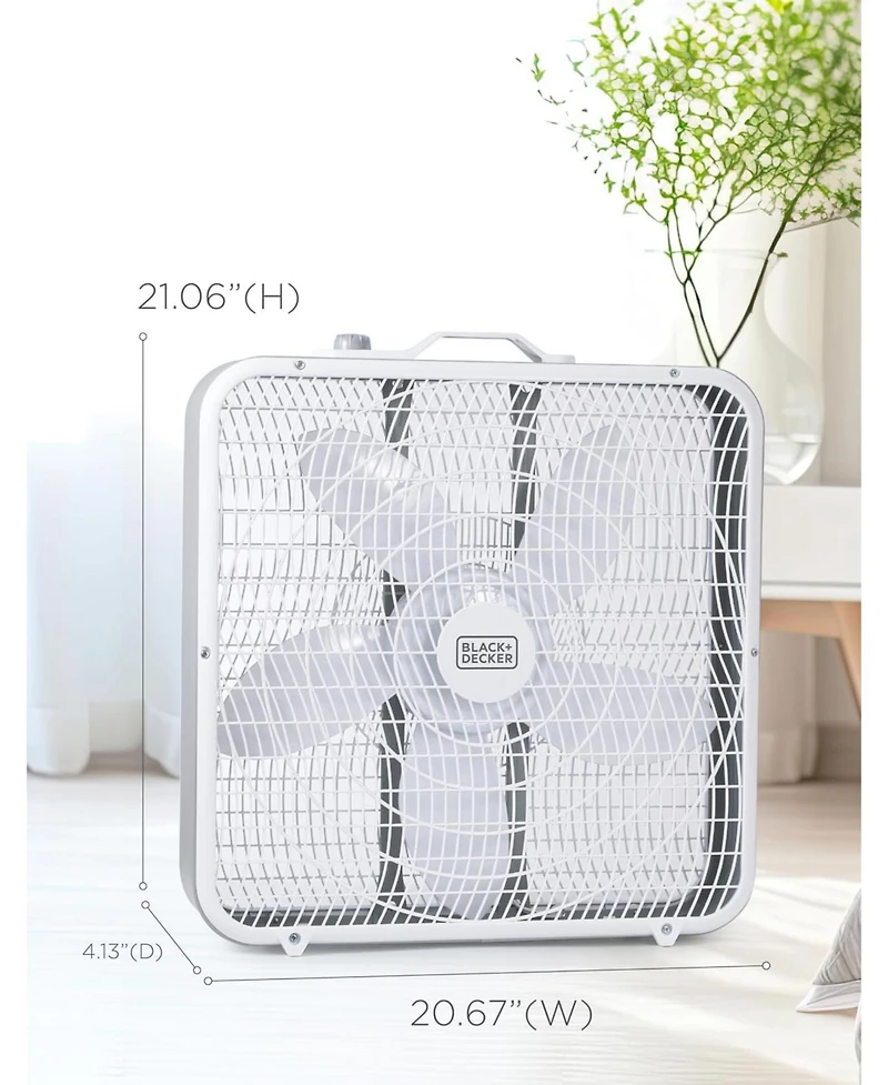 Black+Decker Box Fan with 3 Speed Settings, 20” Box Fan with Carrying Handle, Rotary Knob and Recessed Cord Storage, Portable Fan and Cooling F