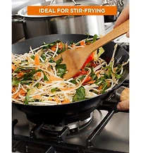 Commercial Chef 12" Carbon Steel Wok with Acacia Wood Handle, Non Stick Stir Fry Pan with Ceramic Coating, Safe for Any Cooktop or Grill, Lighter