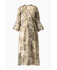 Ivonne Women's Botanical Print Satin, Long Sleeve Belted Keyhole Midi Dress