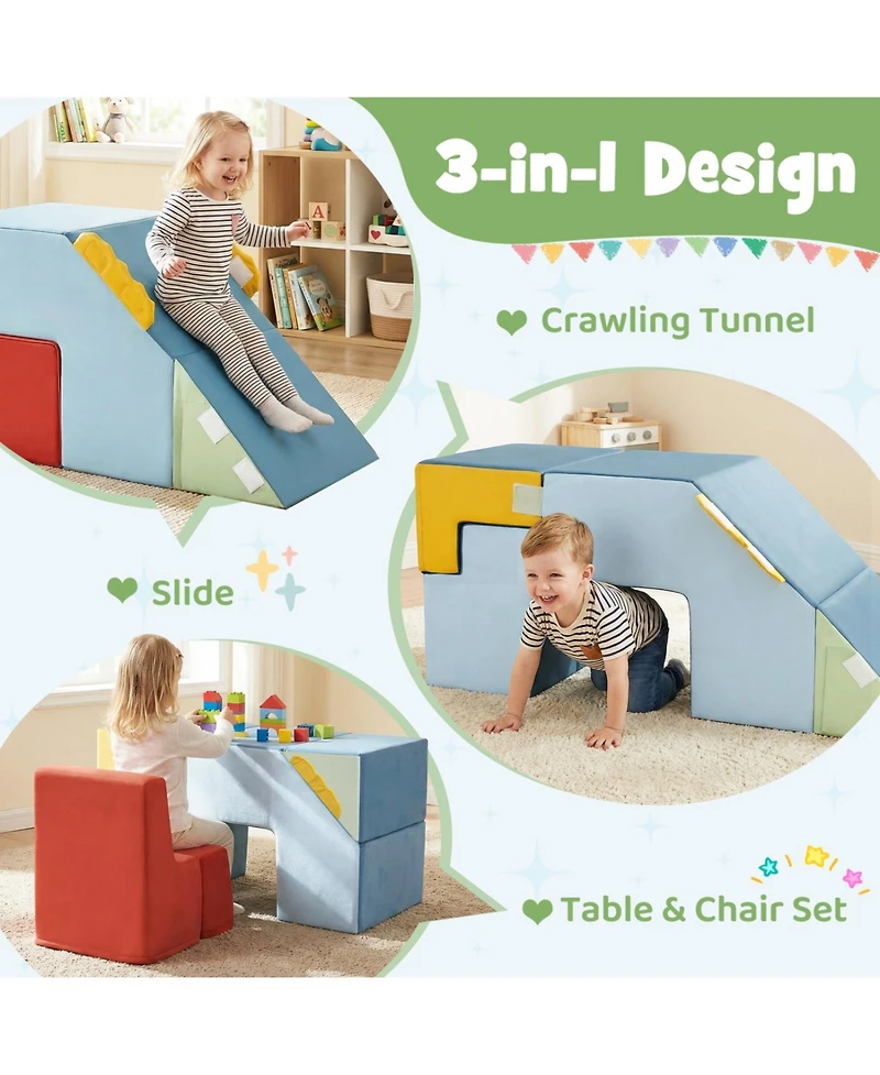 Slickblue Toddler Children's Foam Play Block Set with Velvet Covers, Table and Chair Design