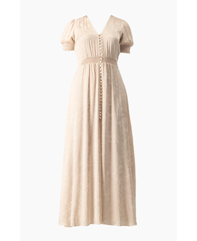 Ivonne Women's Jacquard Satin Button-Front Maxi Dress with Puff Sleeve and Smocked Waist