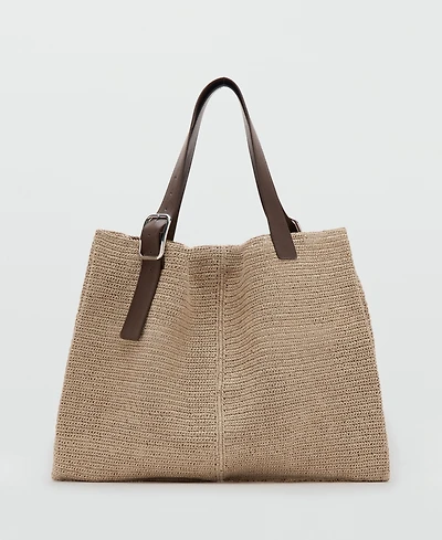 Mango Women's Natural-Fiber Buckle Detail Shopper Bag