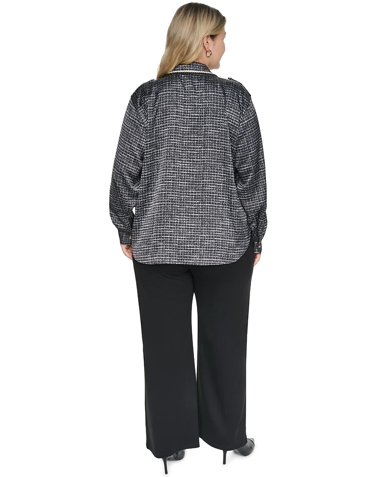 Karl Lagerfeld Paris Plus Tweed Print Collared Long-Sleeve Top