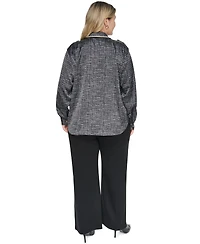 Karl Lagerfeld Paris Plus Tweed Print Collared Long-Sleeve Top