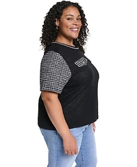 Karl Lagerfeld Paris Plus Tweed Knit Short-Sleeve Top
