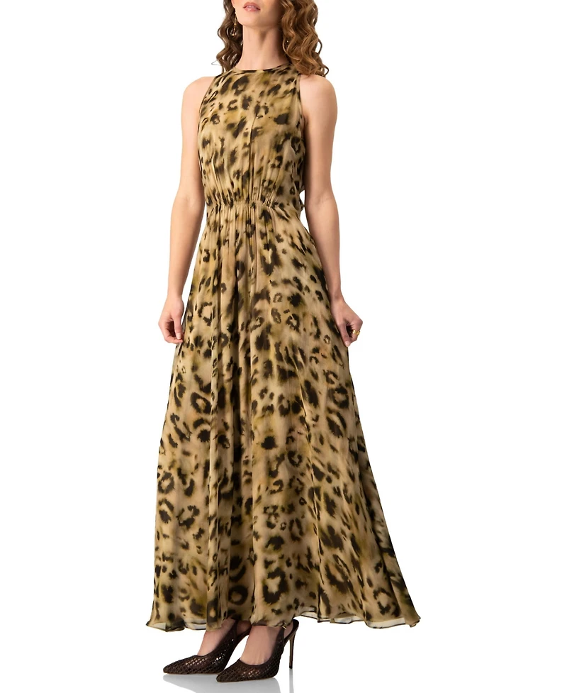 Ivonne Women's Abstract Animal Print Chiffon, Sleeveless Cinched-Waist A-Line Maxi Dress