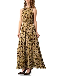 Ivonne Women's Abstract Animal Print Chiffon, Sleeveless Cinched-Waist A-Line Maxi Dress