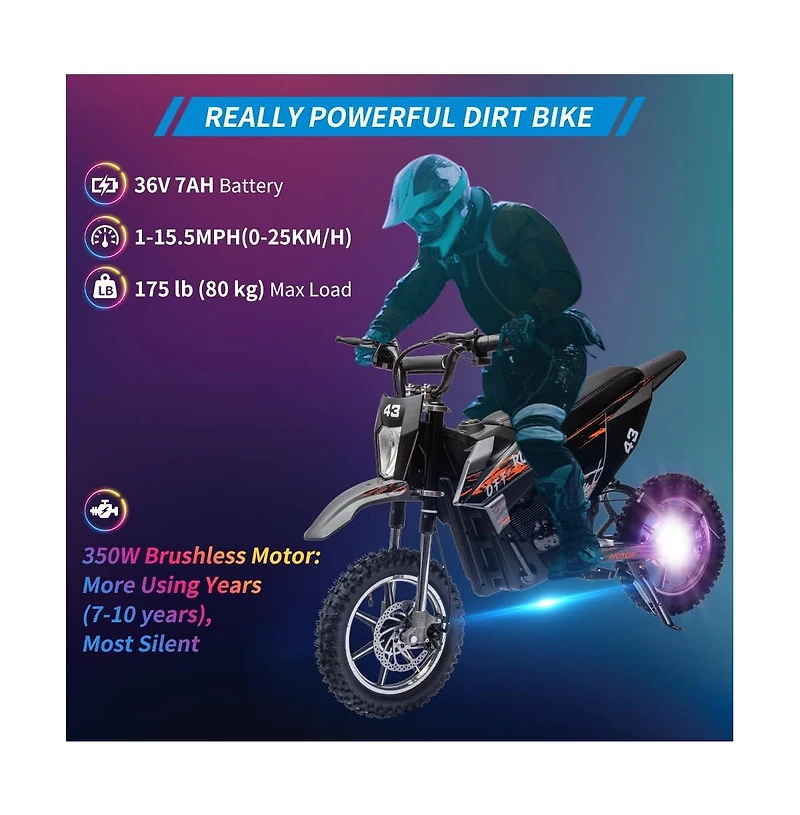 homfan Ride-On Dirt Bike, Electric, 15.5 Mph, 175 lb. Capacity, Ages 14+