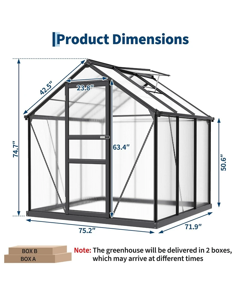 gaomon Heavy Duty 6x6 Ft Polycarbonate Walk-In Greenhouse Aluminum Frame with Lockable Door, Adjustable Roof Vent, for Backyard, Patio, Lawn