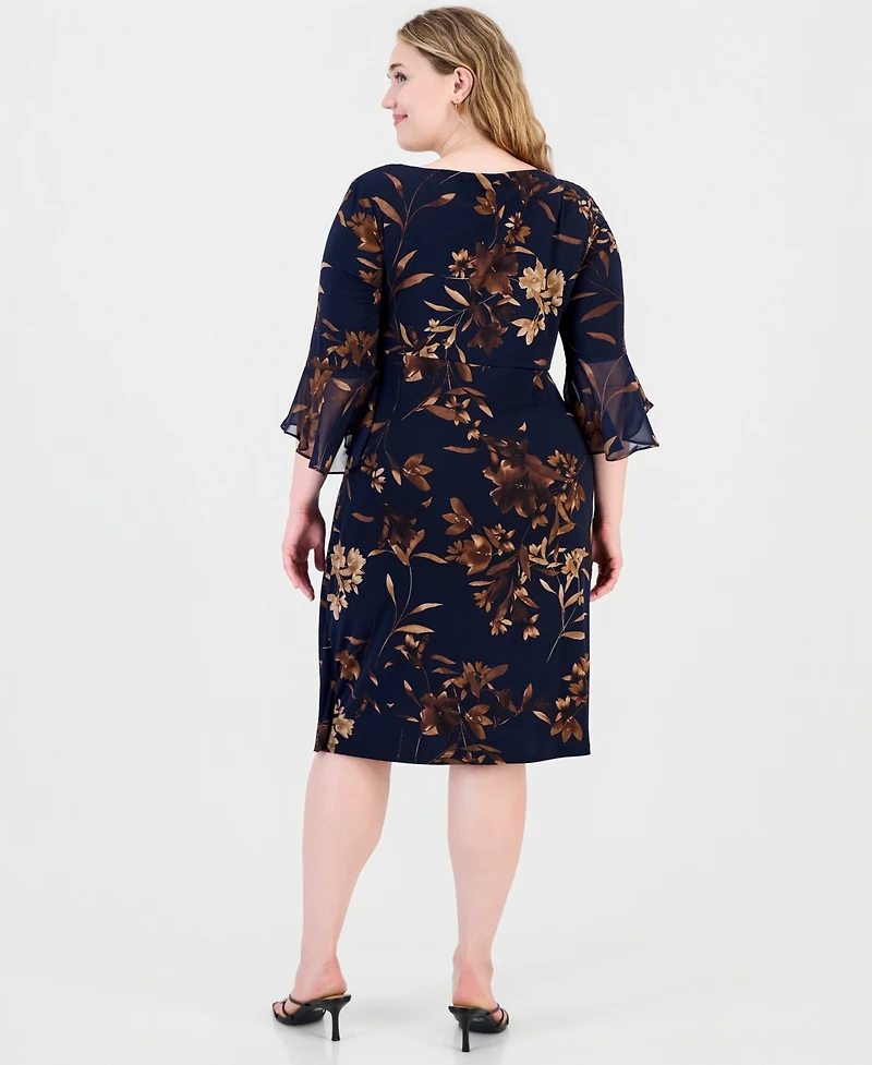 Connected Plus Floral-Print Wrap Bell-Sleeve Dress