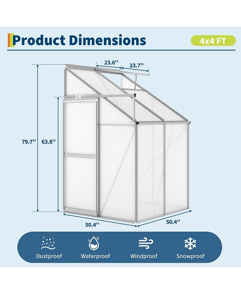 gaomon Heavy Duty Polycarbonate Walk-in Greenhouse Kit - Adjustable Roof Vent and Sliding Door Sturdy Aluminum for Patio, Backyard, Winter Herb