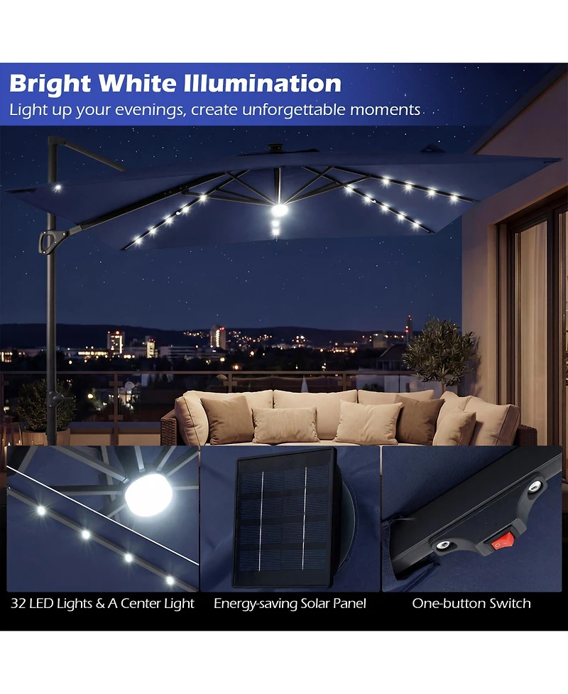 Gymax 10 Feet Cantilever Outdoor Umbrella with 32 Solar Led Lights and 220 Lbs Base