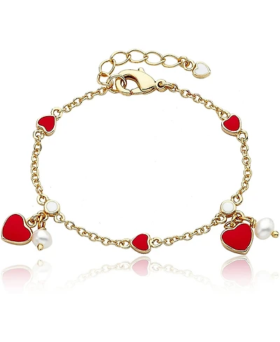 GiGiGirl 14k Yellow Gold Plated with Red Enamel Heart and pearl Dangle Charm Bracelet for Toddler/Kids