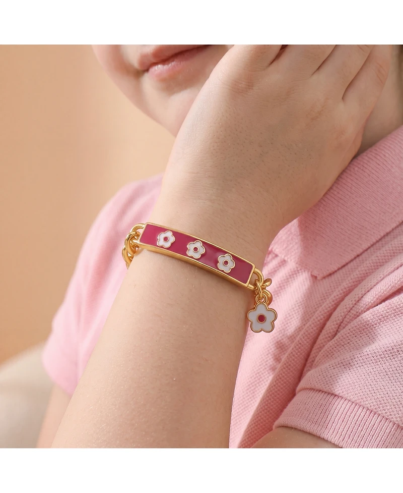 GiGiGirl 14k Yellow Gold Plated Bar Bracelet with Hot Pink Enamel and a Flower Charm for Kids