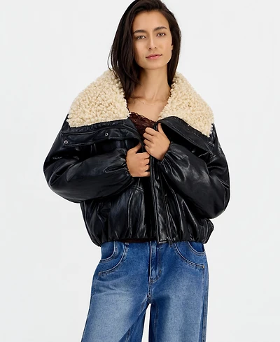 And Now This Women's Sherpa-Lined Faux Leather Moto Bomber Jacket, Macy's Exclusive