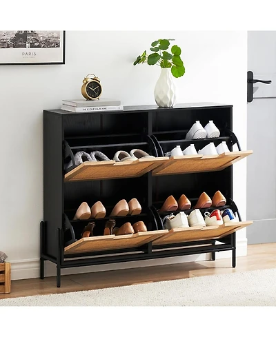 gaomon Rattan 4 Flip Door Shoe Cabinet Organizer Freestanding, Modern Rack Storage with 3-Tier Adjustable Shelves for Entryway,