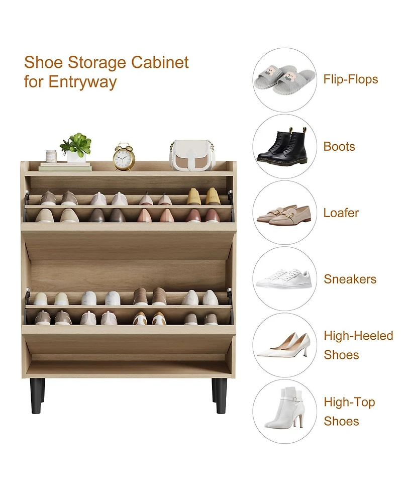 homfan 2 Flip Drawer Shoe Cabinet with Adjustable Shelf, Hidden Entryway Shoe Storage for Hallway, Living Room, Black or Oak Tone