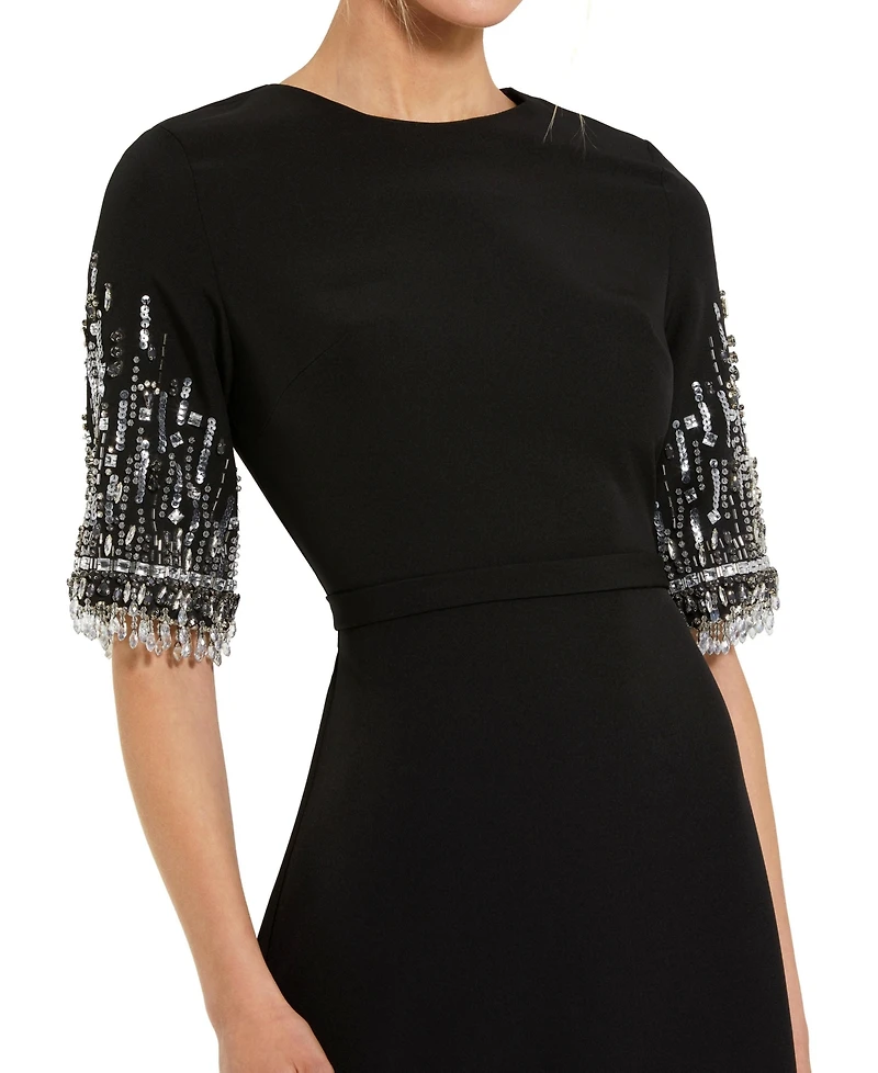 Mac Duggal Petite Crepe A Line Gown With Beaded 3/4 Sleeves