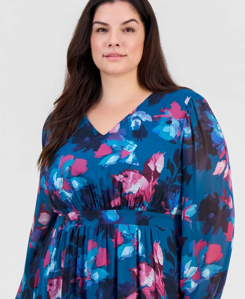 Kasper Plus Smocked-Back Balloon-Sleeve Dress