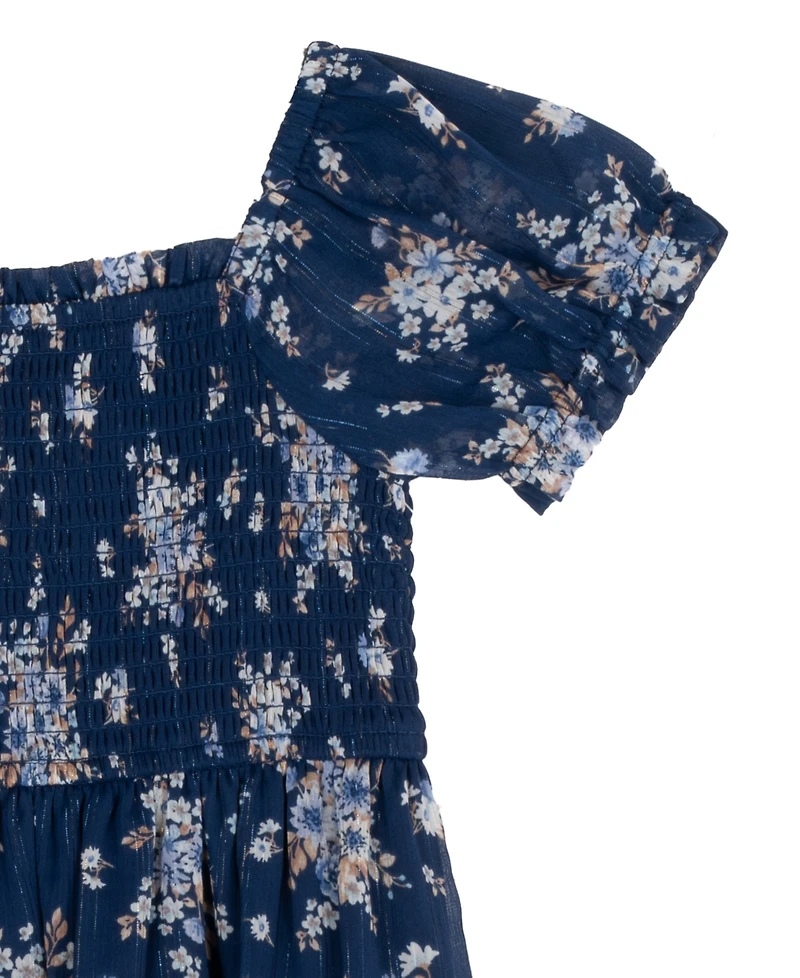 Rare Editions Girls' 4T-6X Printed Lurex Chiffon Puff Sleeve Tiered Midi Dress