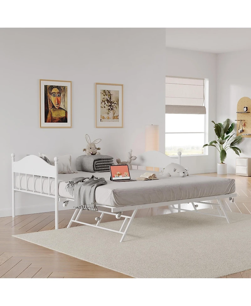 homfan Daybed with Pop-Up Trundle, Metal Sofa Bed Frame with Headboard, Locking Casters, Steel Slats, No Box Spring Needed