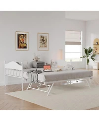 homfan Daybed with Pop-Up Trundle, Metal Sofa Bed Frame with Headboard, Locking Casters, Steel Slats, No Box Spring Needed