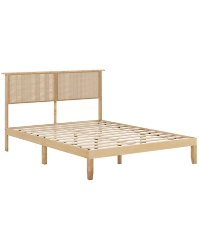Slickblue Platform Bed Frame with Rattan Headboard and Durable Support