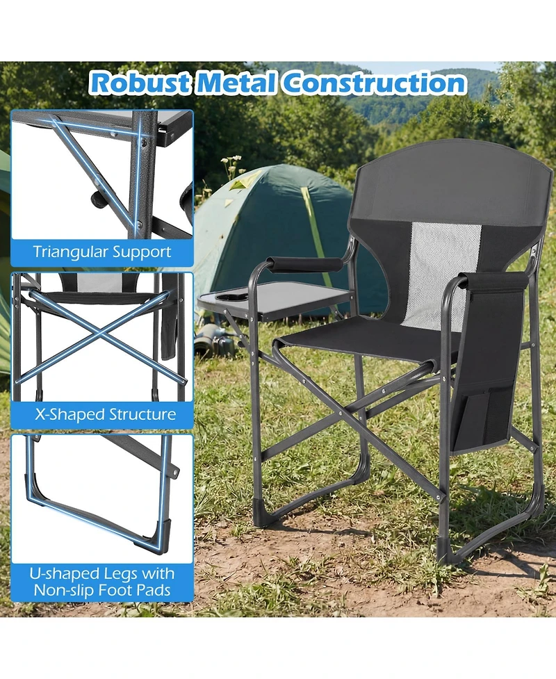 Gymax Folding Camping Chair Oversized Padded Portable Directors Chair with Side Table