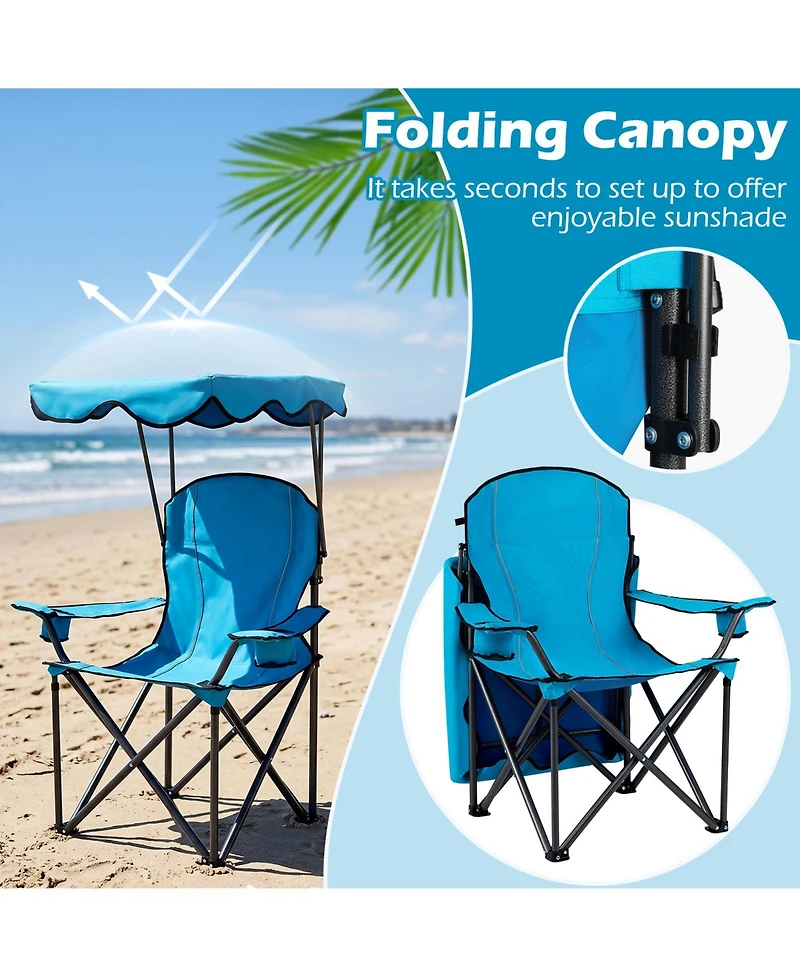 Gymax Folding Camping Chair with Canopy Cup Holder Ergonomic Armrest Solid Steel Frame