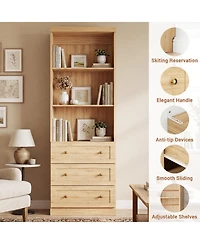 Aheaplus 80" Storage Cabinet with 3 Drawers and Open Shelves, Wooden Bookcase