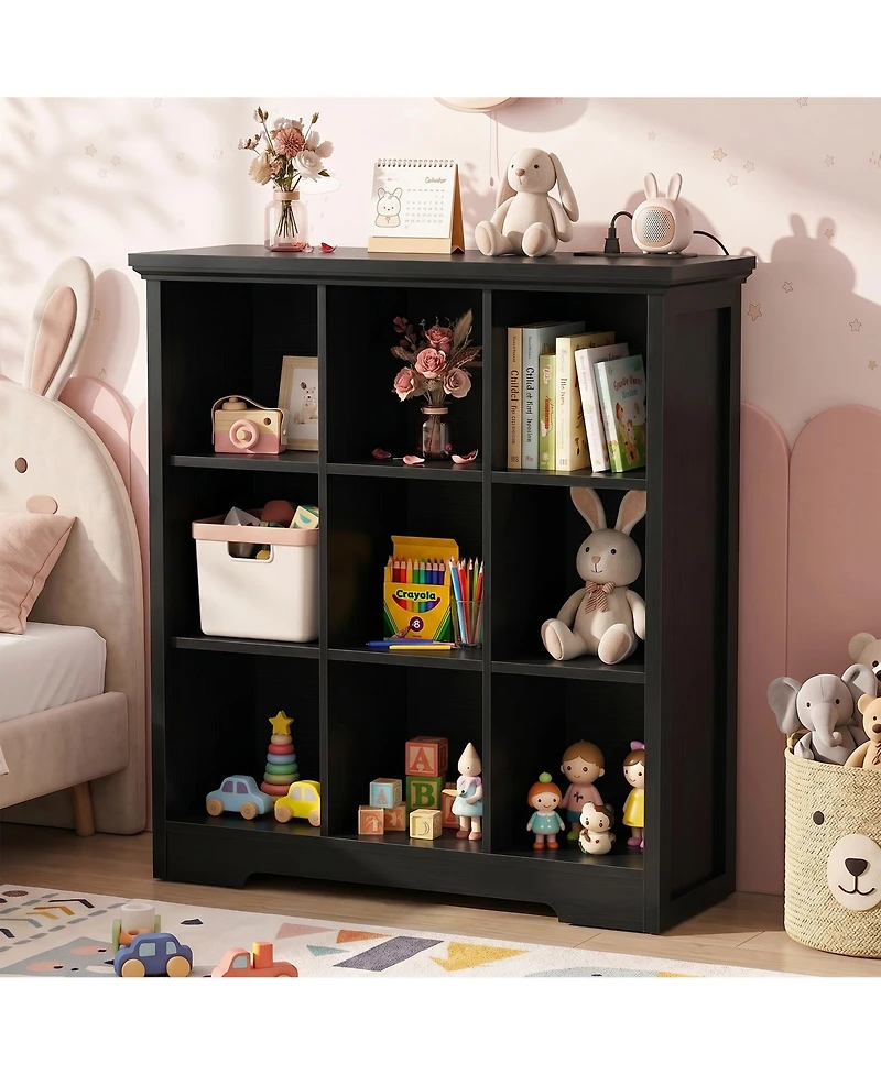 Aheaplus 9 Cube Bookshelf with Charging Station, Floor Cubby Toy Organizer