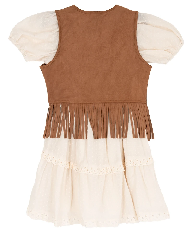 Rare Editions Girls' 7-14 Sleeveless Vest and Clip Dot Cotton Puff Sleeve Dress, 2-Piece Set