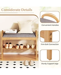 Slickblue Wicker Shoe Bench with Cushion Seat and 2-Level Storage Shelf for Entryway