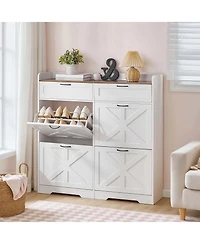 Slickblue Shoe Storage Cabinet Farmhouse Design with Flip-Down Drawers