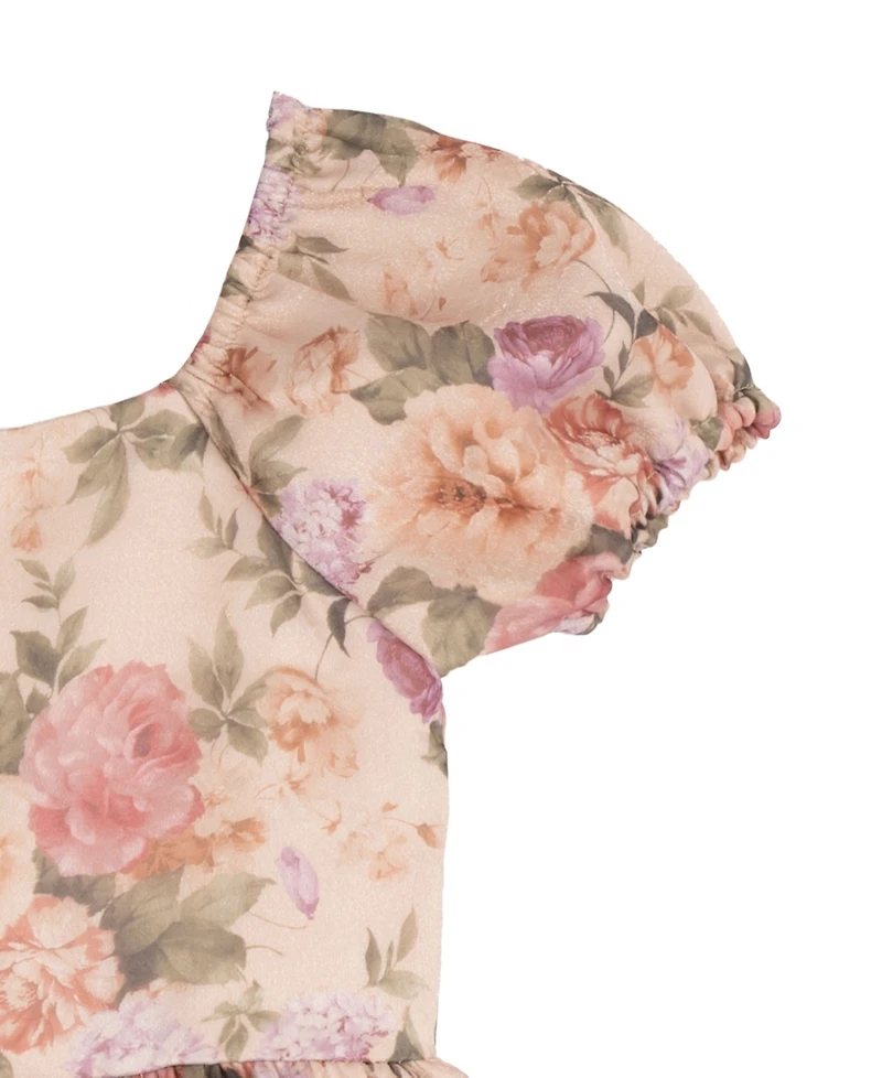 Rare Editions Girls' 2T-6X Floral Print Shimmer Organza Puff Sleeve Dress