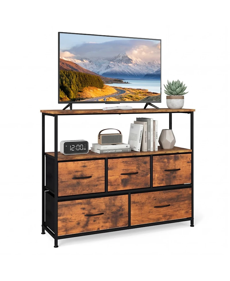 Slickblue Modern Tv Stand Dresser with 5 Fabric Drawer Storage