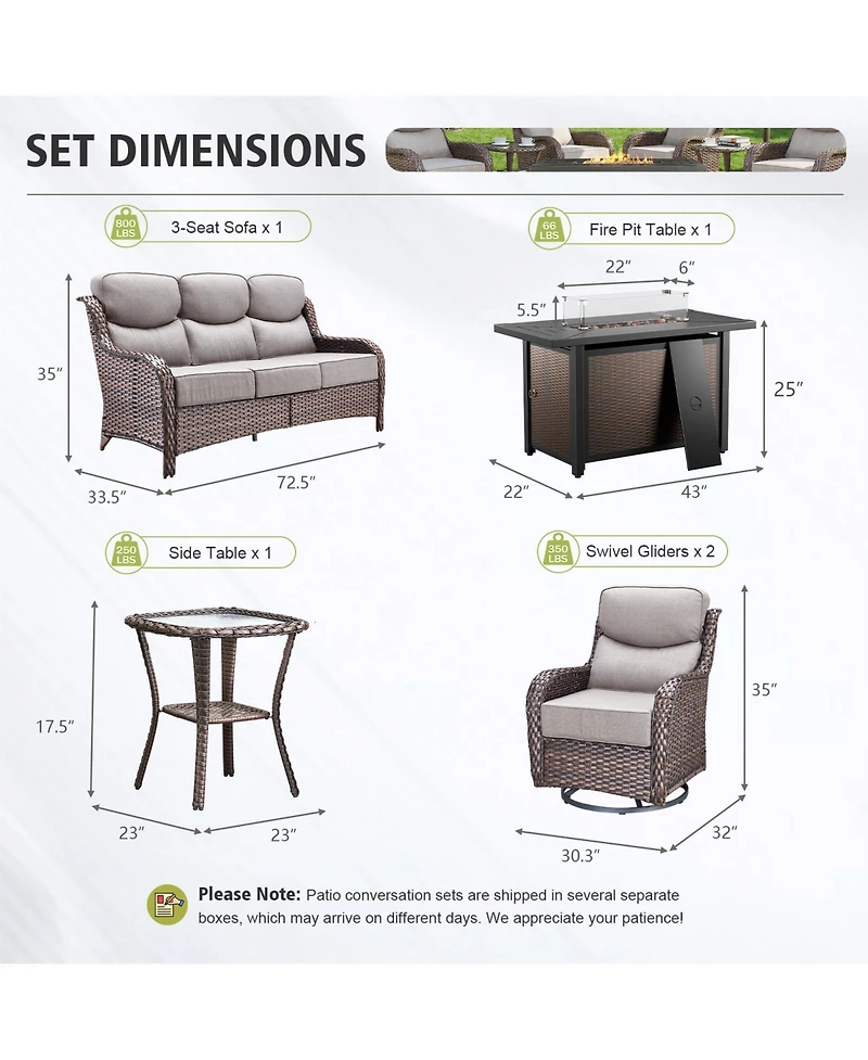 Pocassy Luxury Patio Furniture Set with 6-inch Thick Cushion, Outdoor Fire Pit Table, Swivel Chairs, Side Sofa